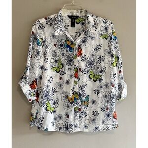 Ali Miles Floral Blouse Top Roll Tab Sleeve Wire Collar Butterfly Medium Petite